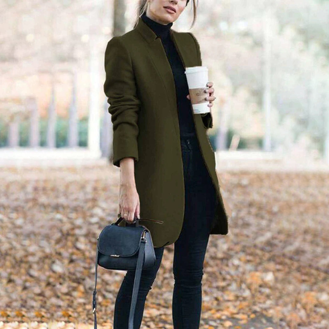 Women's Open Front Long Coat for Fall and Winter Everyday Wear Green