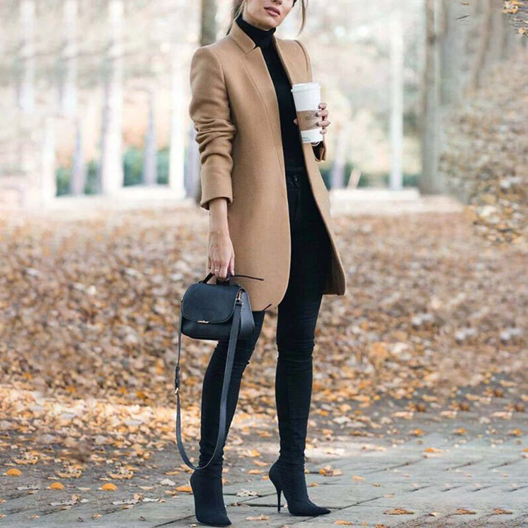 Women's Open Front Long Coat for Fall and Winter Everyday Wear Khaki