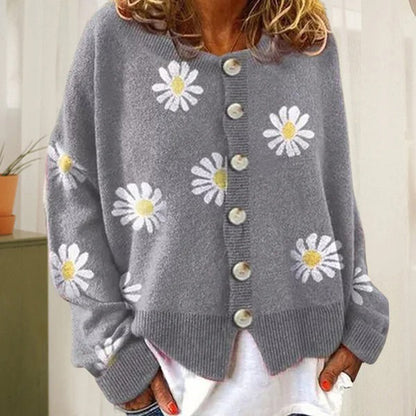 Women's Multi-Color Floral Oversized Button-Front Knit Cardigan Gray