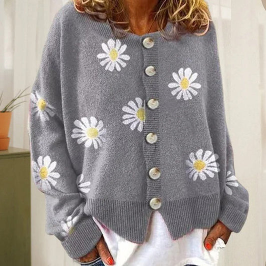 Women's Multi-Color Floral Oversized Button-Front Knit Cardigan Gray
