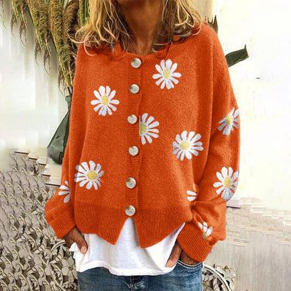 Women's Multi-Color Floral Oversized Button-Front Knit Cardigan Orange