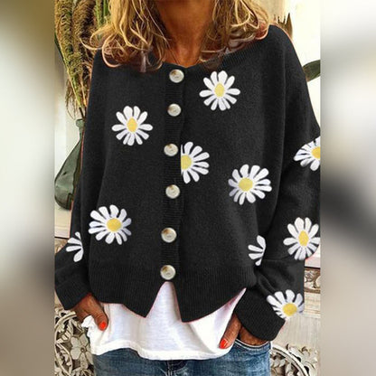 Women's Multi-Color Floral Oversized Button-Front Knit Cardigan Black