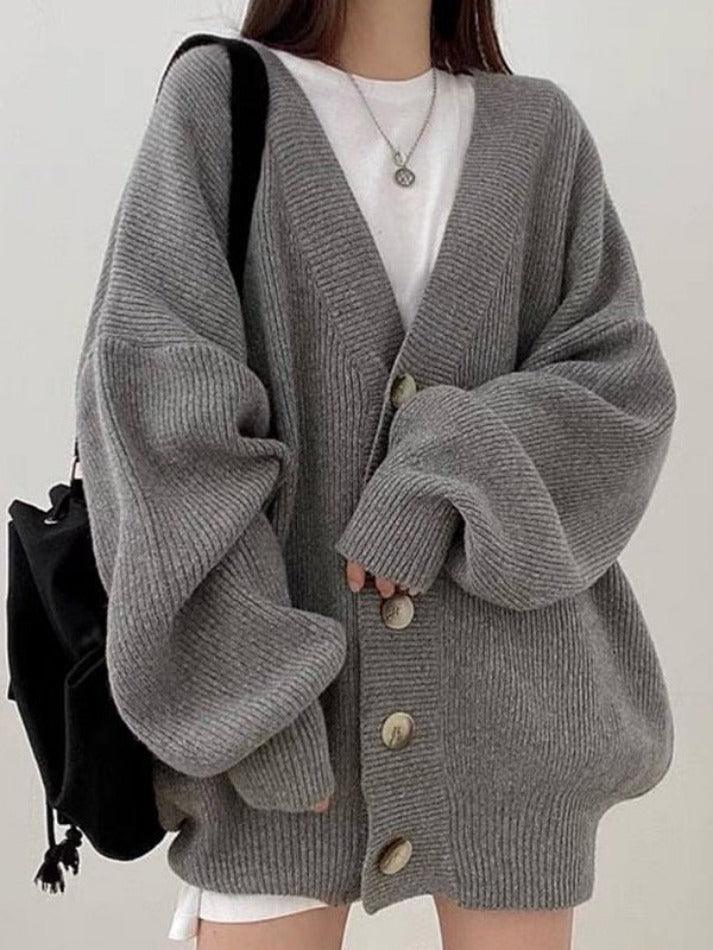 Women's Multi-Color Oversized Button-Front Knit Cardigan Gray One Size