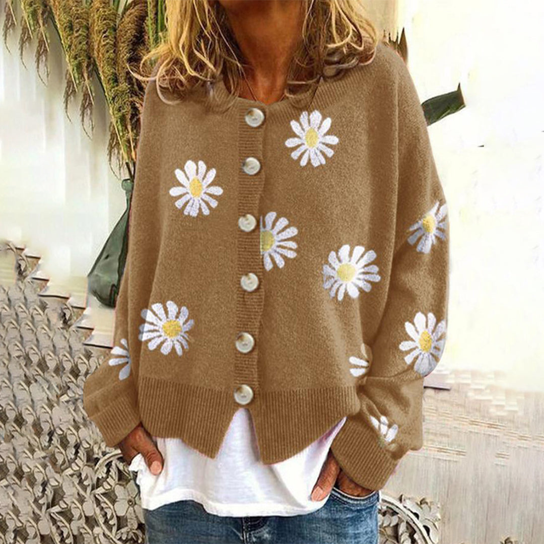 Women's Multi-Color Floral Oversized Button-Front Knit Cardigan Khaki