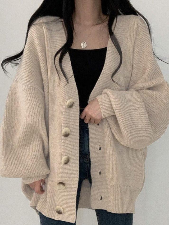 Women's Multi-Color Oversized Button-Front Knit Cardigan Beige One Size