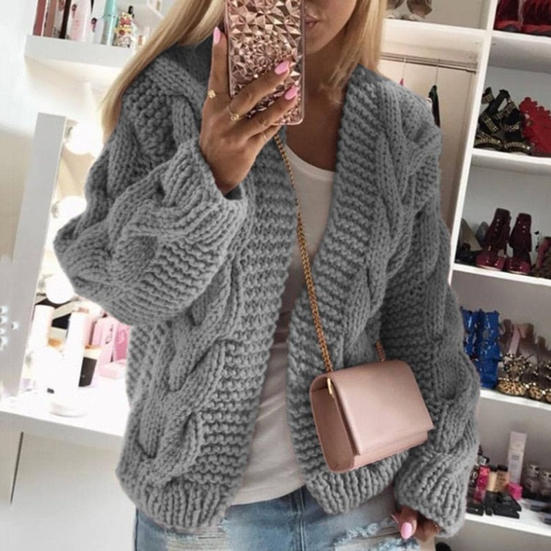 Women's Multi-Color Oversized Cable Knit Cardigan for Daily Use Warm Gray