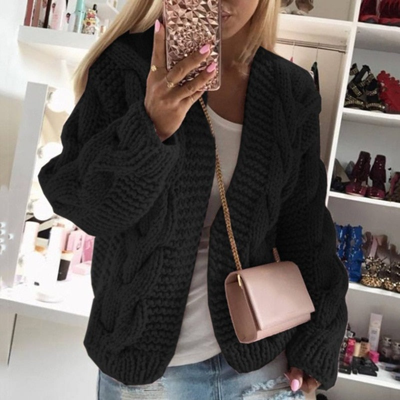 Women's Multi-Color Oversized Cable Knit Cardigan for Daily Use Warm Black