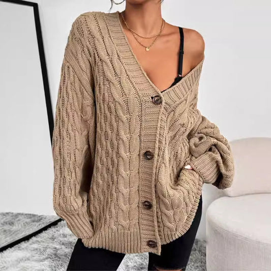 Women's Khaki Oversized Cable Knit Cardigan for Daily Use Warm Khaki