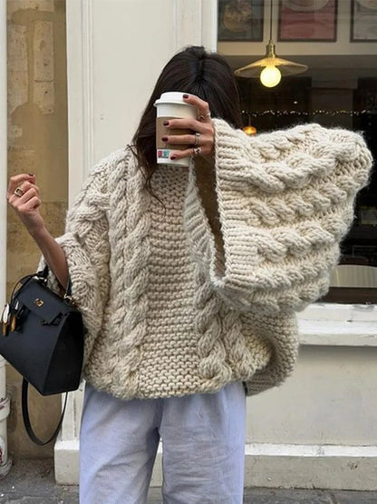 Women's Multi-Color Oversized Cable Knit Sweater for Fall and Winter White