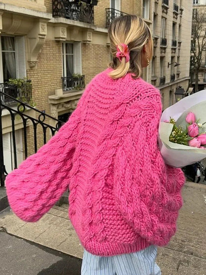 Women's Multi-Color Oversized Cable Knit Sweater for Fall and Winter Pink
