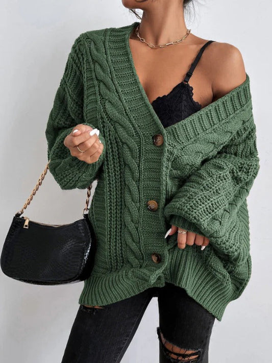 Women's Oversized Cable Knit Sweater Cardigan for Daily Use Green