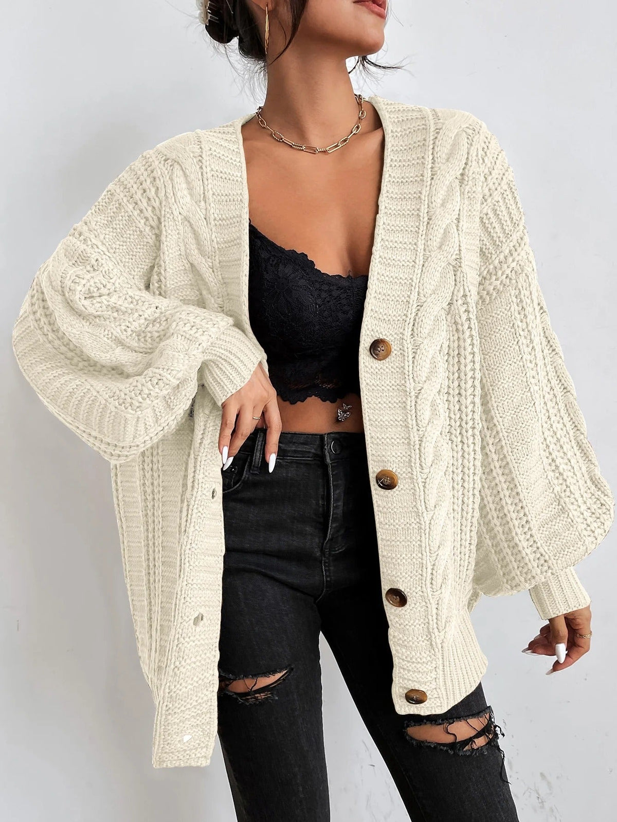 Women's Oversized Cable Knit Sweater Cardigan for Daily Use Beige