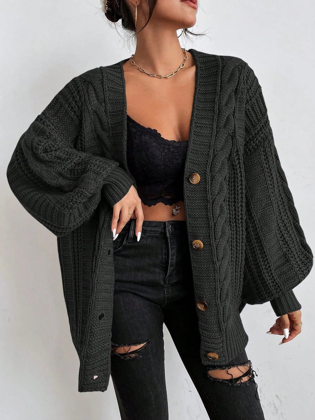 Women's Oversized Cable Knit Sweater Cardigan for Daily Use Black