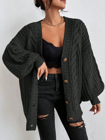 Women's Oversized Cable Knit Sweater Cardigan for Daily Use Black