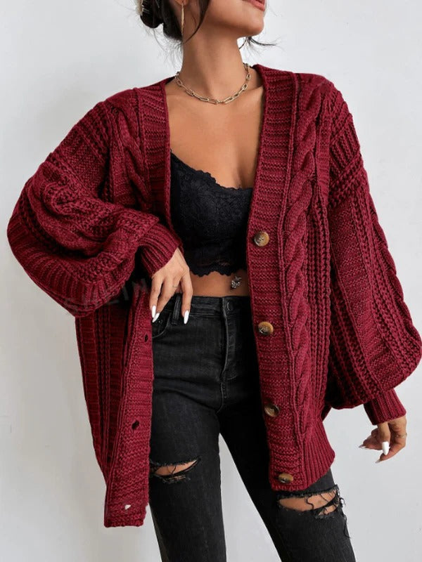 Women's Oversized Cable Knit Sweater Cardigan for Daily Use Red