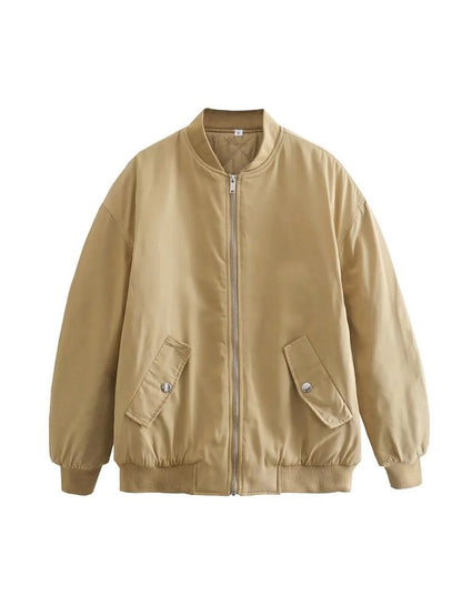 Women's Oversized Casual Bomber Jacket for Daily Use Warm Khaki