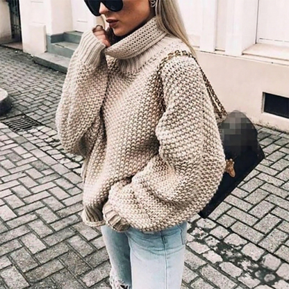 Women's Oversized Chunky Knit Turtleneck Sweater for Daily Use Khaki