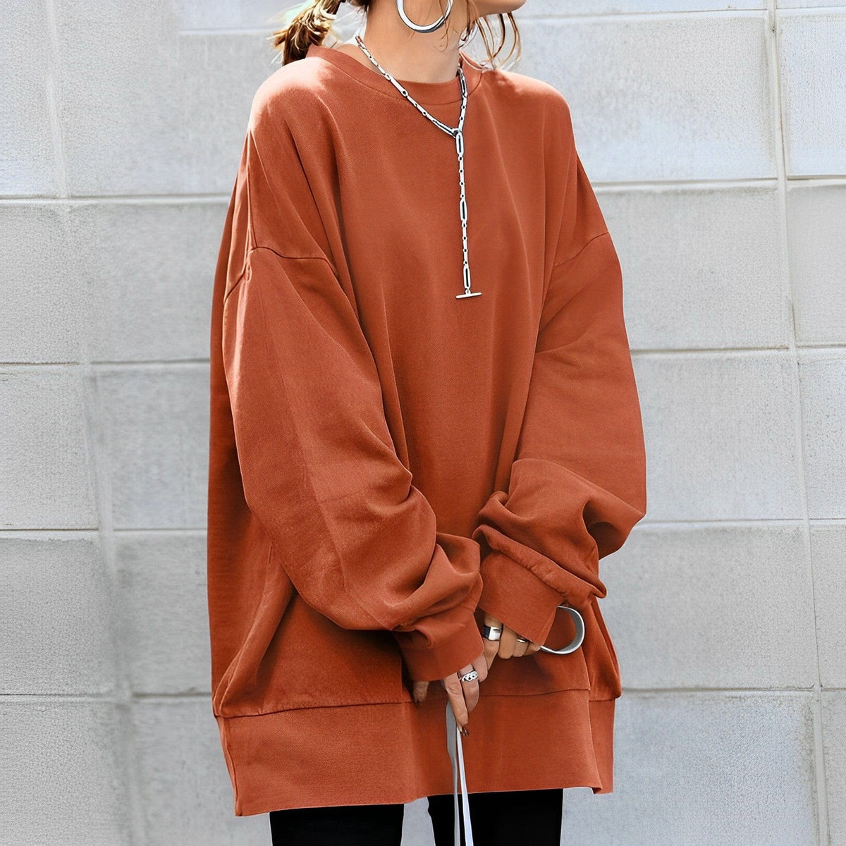 Women's Oversized Crewneck Pullover Sweater for Daily Use Orange
