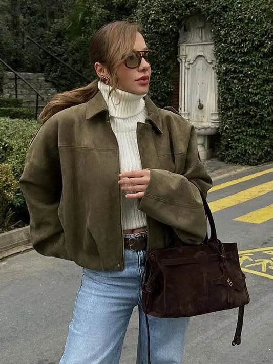 Women's Green Oversized Fashion Jacket for Fall and Winter
