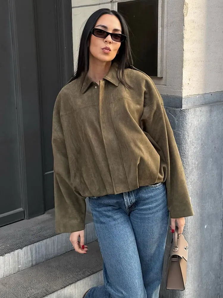 Women's Green Oversized Fashion Jacket for Fall and Winter Green