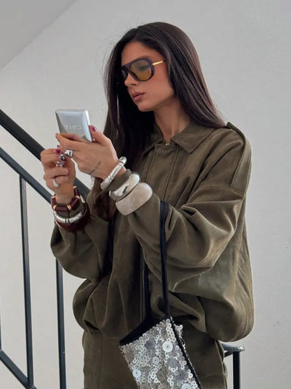 Women's Green Oversized Fashion Jacket for Fall and Winter