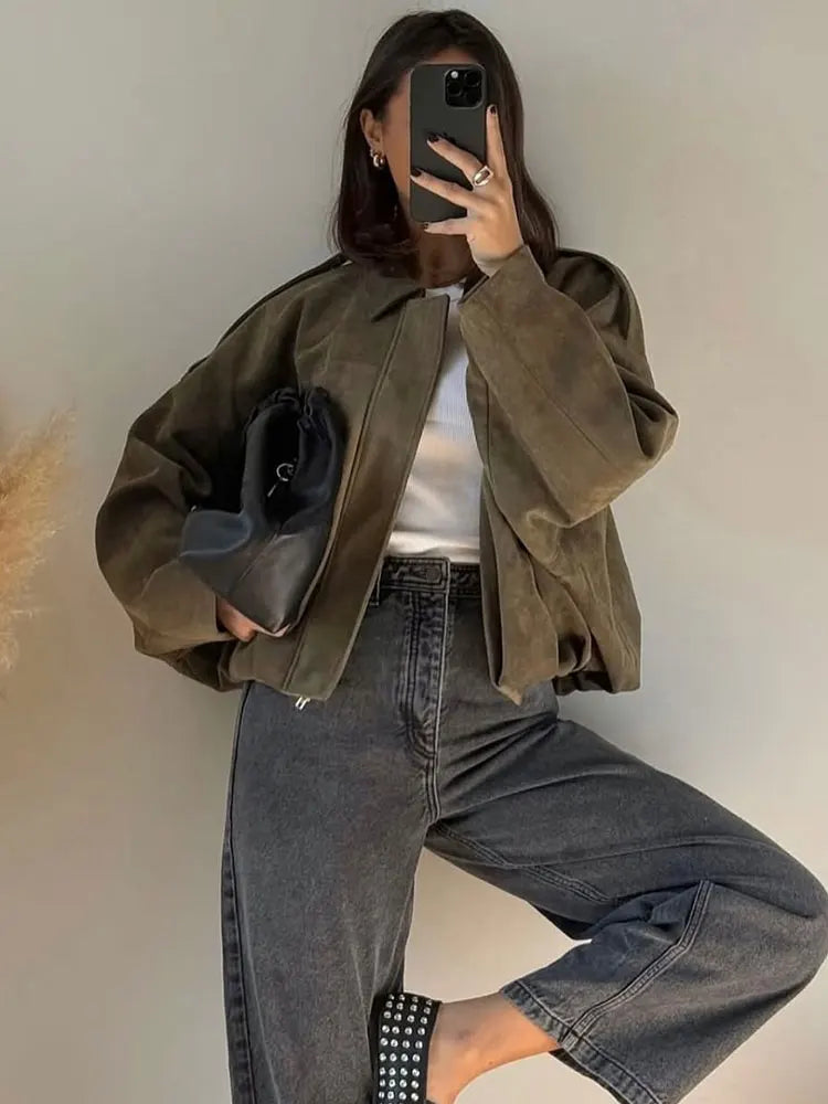 Women's Green Oversized Fashion Jacket for Fall and Winter