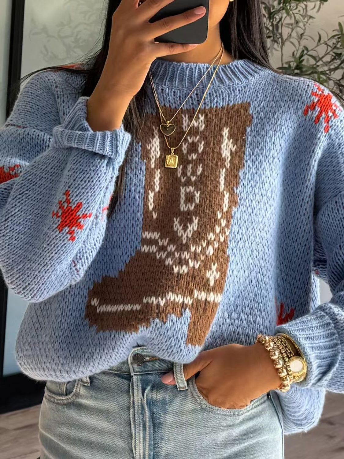 Women's Oversized Graphic Knit Sweater for Daily Use Warm