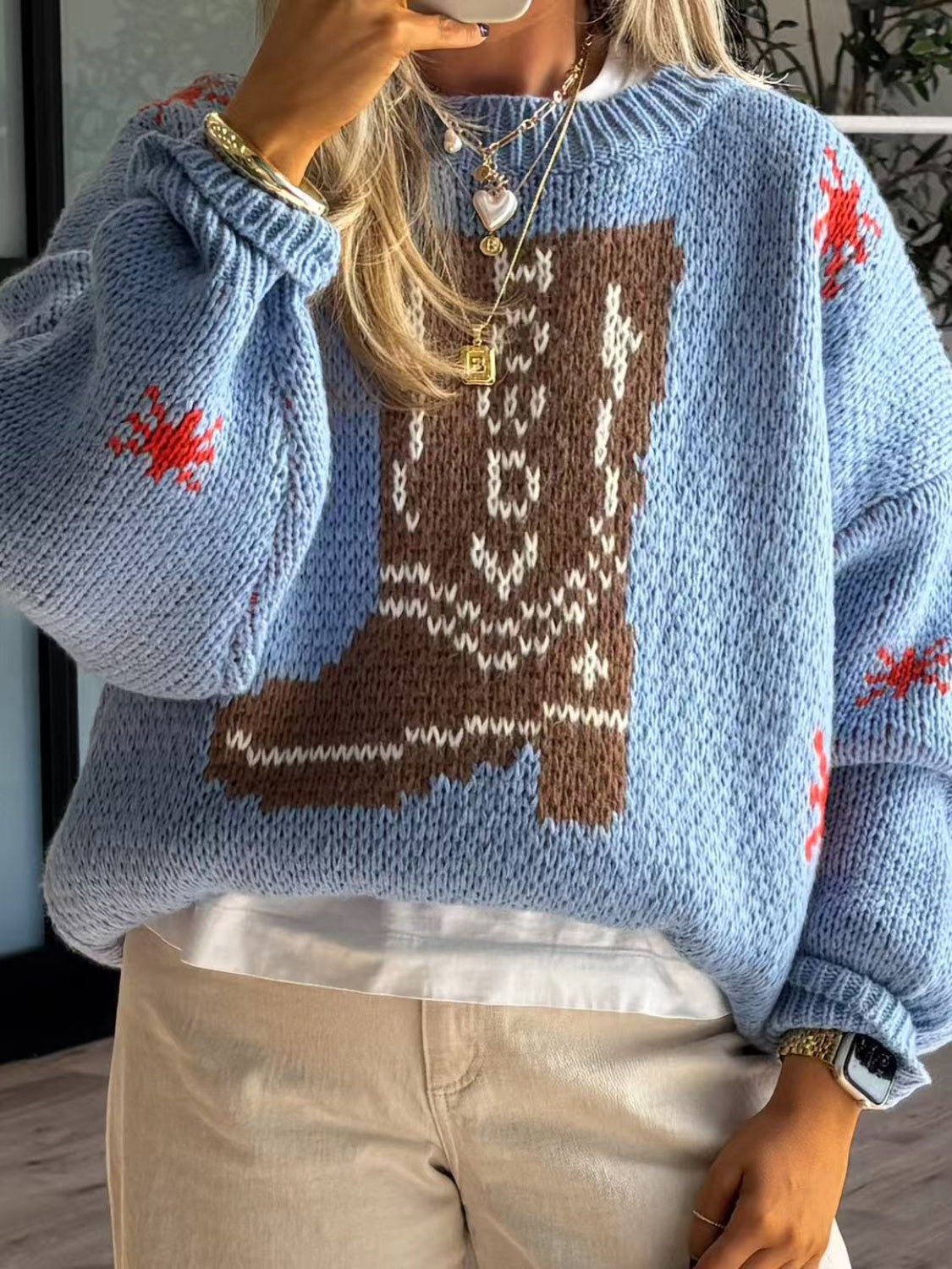 Women's Oversized Graphic Knit Sweater for Daily Use Warm Light Blue