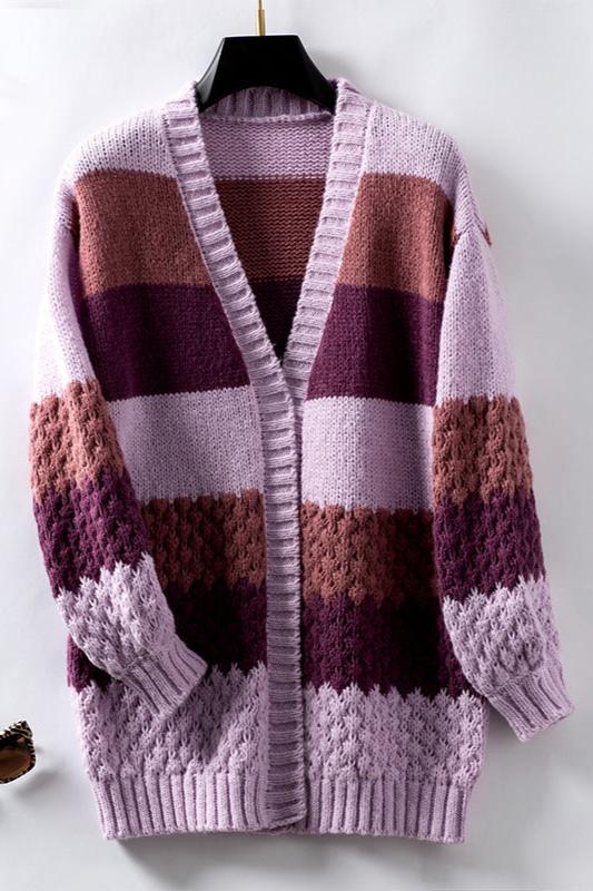 Women's Oversized Long Sleeve Striped Cardigan for Daily Use Purple