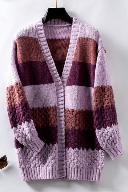 Women's Oversized Long Sleeve Striped Cardigan for Daily Use Purple