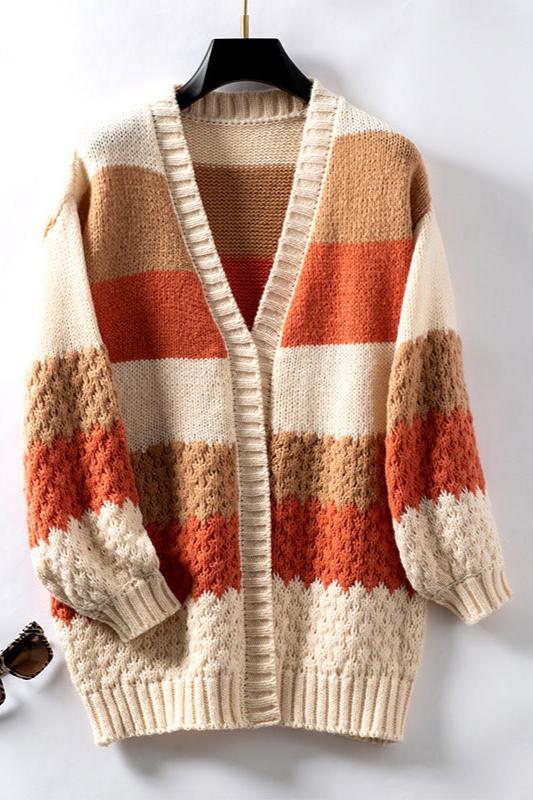 Women's Oversized Long Sleeve Striped Cardigan for Daily Use Orange