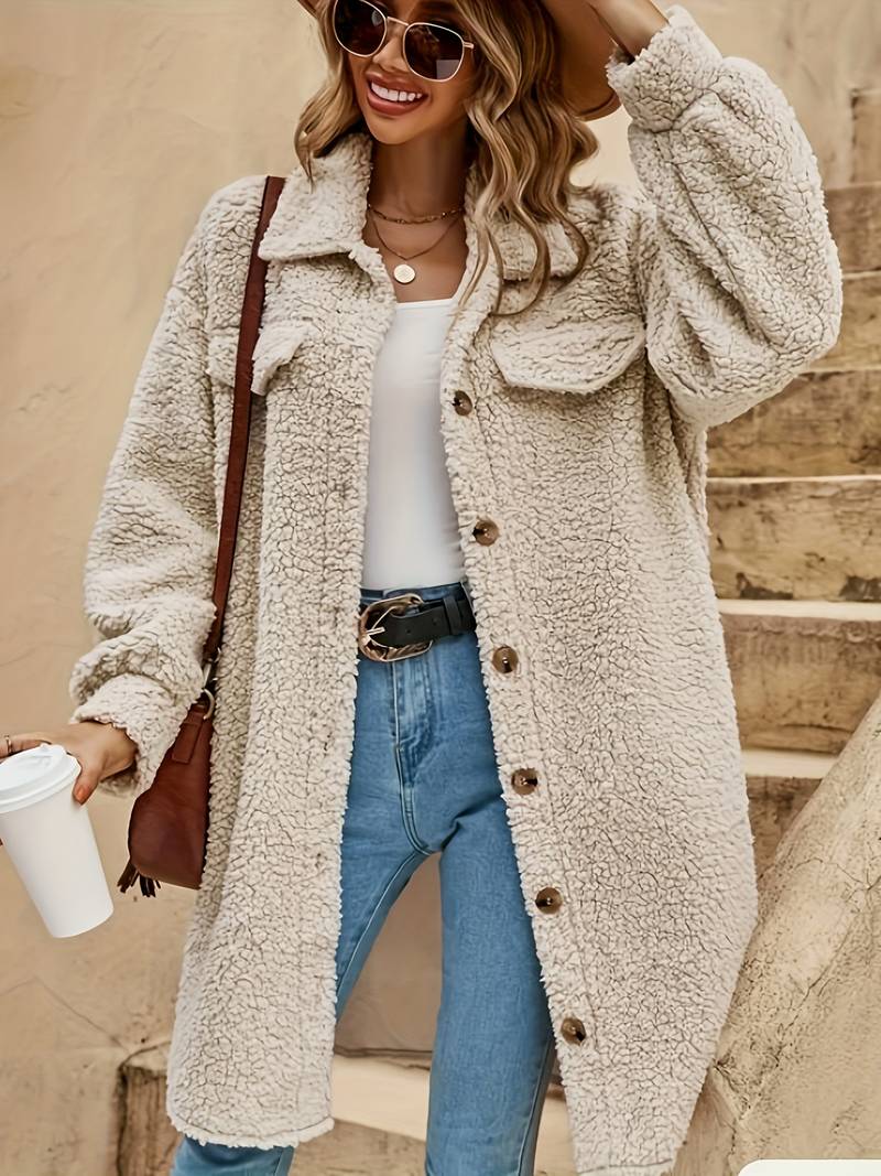 Women's Beige Oversized Sherpa Jacket for Fall and Winter