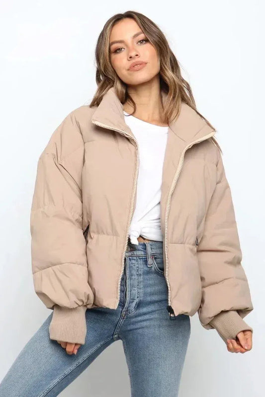Women's Oversized Short Puffer Jacket for Daily Use Warm Khaki