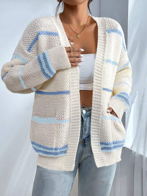 Women's Oversized Striped Knit Cardigan for Daily Use Warm Sky Blue