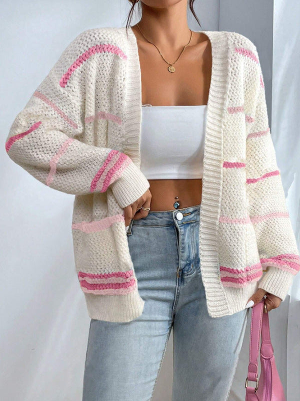 Women's Oversized Striped Knit Cardigan for Daily Use Warm Pink