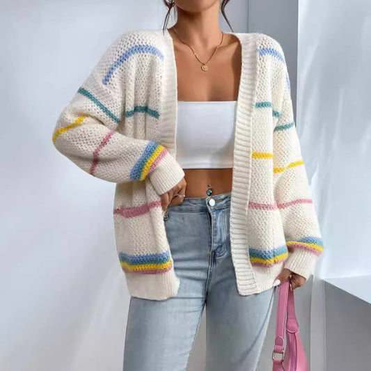 Women's Oversized Striped Knit Cardigan for Daily Use Warm Apricot