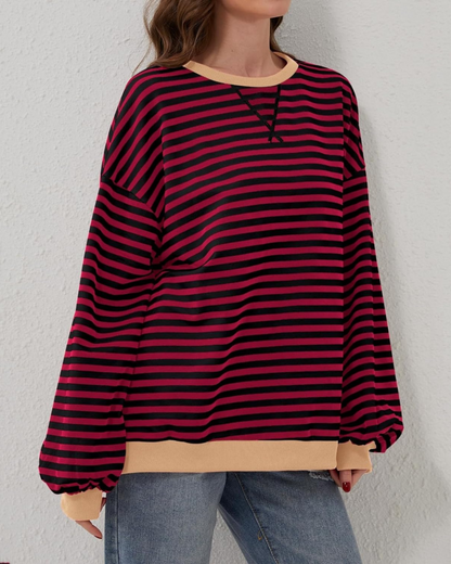 Women's Lightweight Oversized Striped Sweatshirt for Daily Use Red