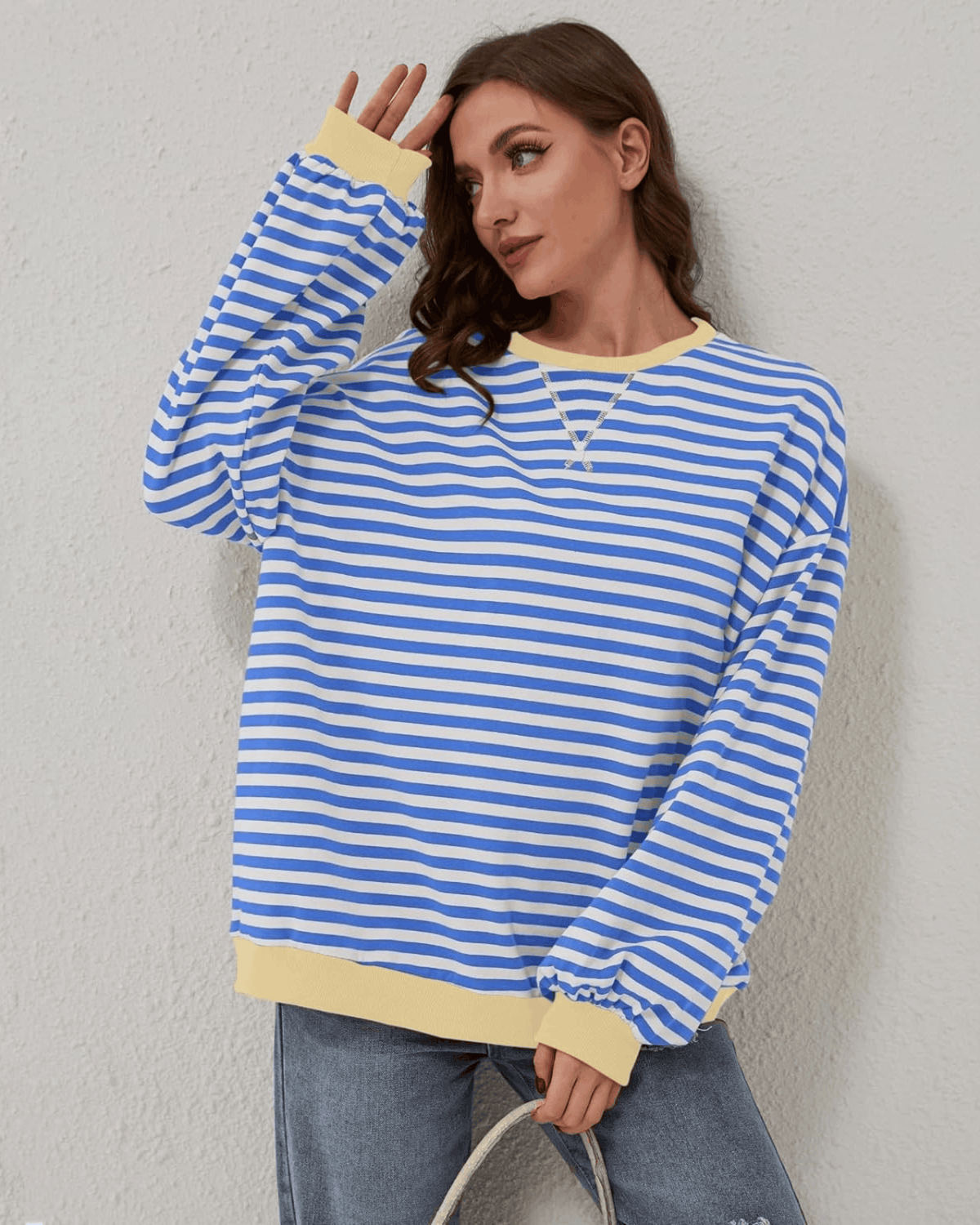 Women's Lightweight Oversized Striped Sweatshirt for Daily Use Light Blue and Orange