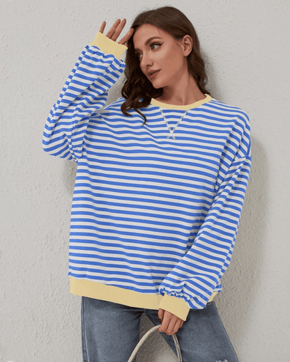 Women's Lightweight Oversized Striped Sweatshirt for Daily Use Light Blue and Orange