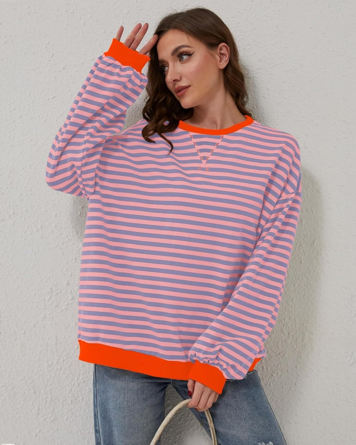Women's Lightweight Oversized Striped Sweatshirt for Daily Use Pink