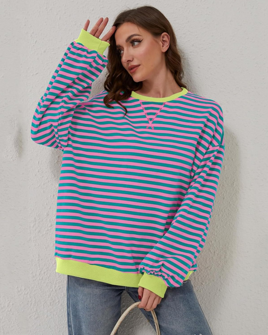Women's Lightweight Oversized Striped Sweatshirt for Daily Use Dark Blue and Yellow