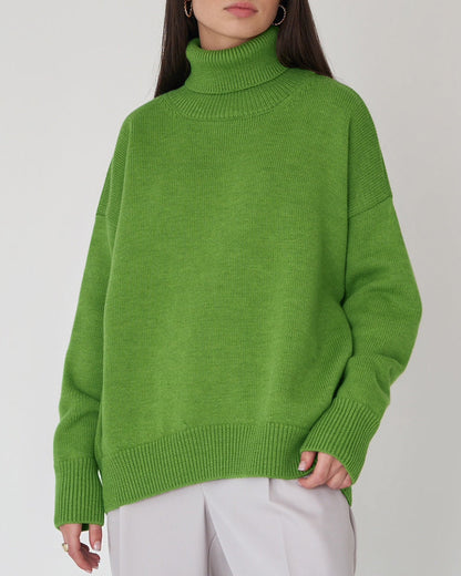 Women's Light Gray Oversized Turtleneck Knit Sweater for Everyday Wear