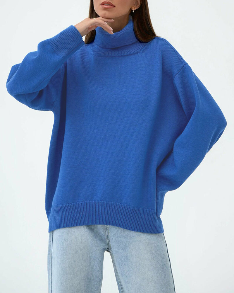 Women's Light Gray Oversized Turtleneck Knit Sweater for Everyday Wear Blue