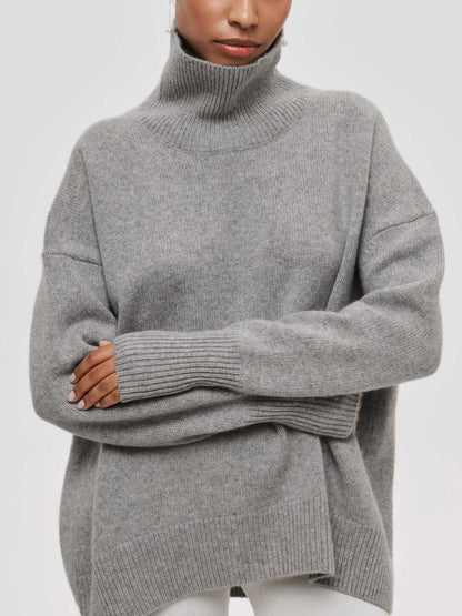 Women's Multi-Color Ribbed Oversized Turtleneck Knit Sweater Grey
