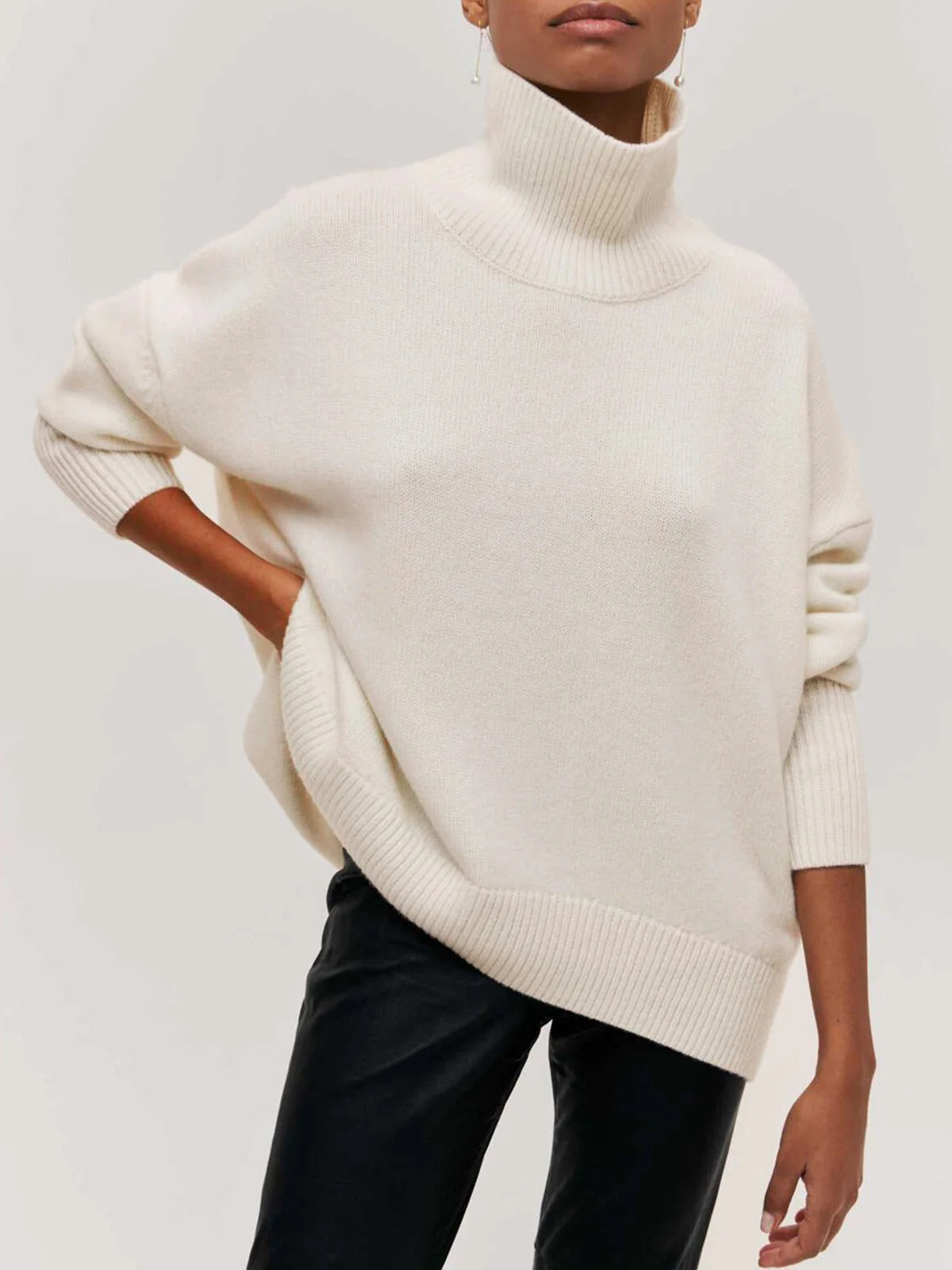 Women's Multi-Color Ribbed Oversized Turtleneck Knit Sweater White