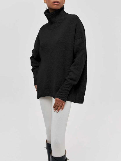 Women's Multi-Color Ribbed Oversized Turtleneck Knit Sweater Black