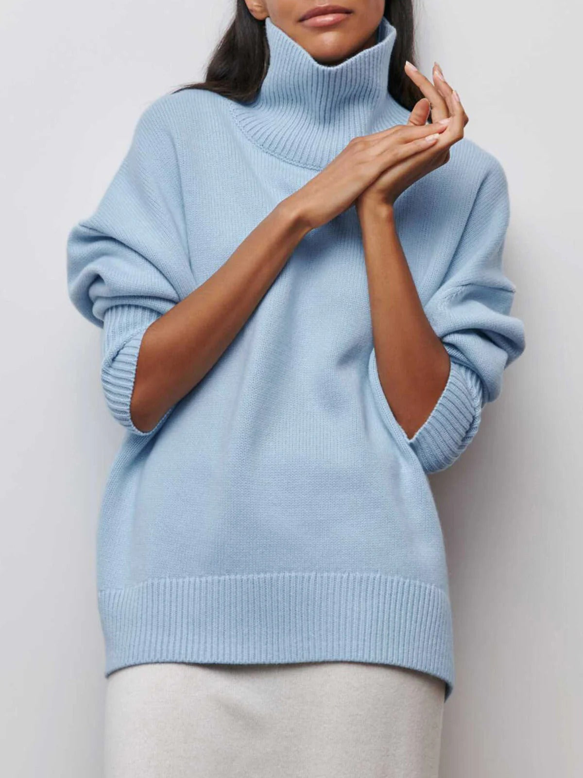 Women's Multi-Color Ribbed Oversized Turtleneck Knit Sweater Blue