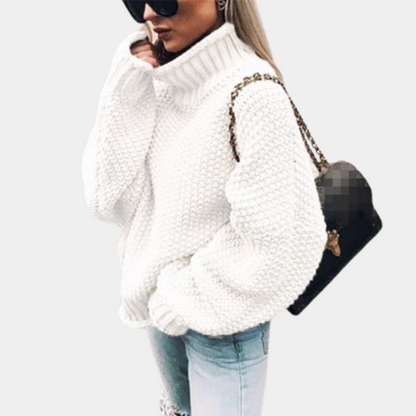 Women's Multi-Color Oversized Turtleneck Knit Sweater for Daily Use White