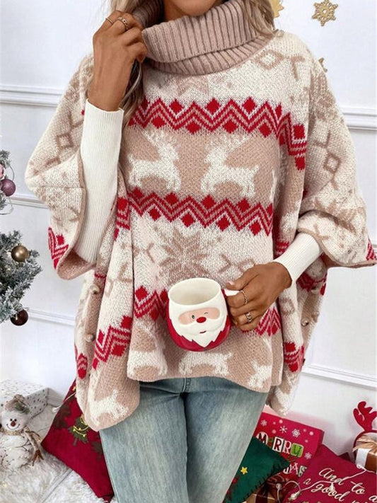 Women's Oversized Turtleneck Poncho Sweater for Daily Use
