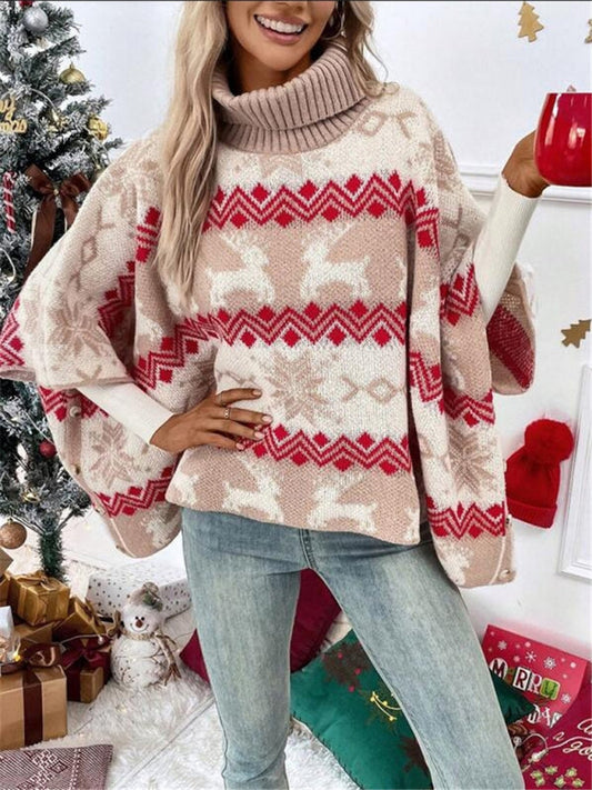 Women's Oversized Turtleneck Poncho Sweater for Daily Use Red